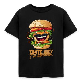 Hamburger amusant avec « Goûtez-moi, je suis délicieux » - T-shirt Enfant - noir - Devant - AI Model Kid Female (0cm)