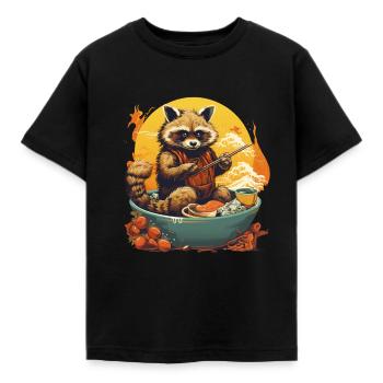 Waschbär mit Stäbchen Ramen Asia Food - Kinder T-Shirt - Schwarz - Vorne - AI Model Kid Female (0cm)