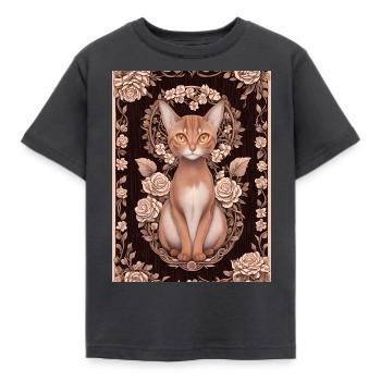 Woodcut of a cat with roses - Kids' T-Shirt - dark grey - Front - AI Model Kid Female (0cm)