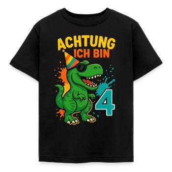 T-Rex Party Alarm – Ich bin 4! - Kinder T-Shirt - Schwarz - Vorne - AI Model Kid Female (0cm)