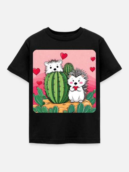 Igel Paar mit Kaktus - Kinder T-Shirt - Schwarz