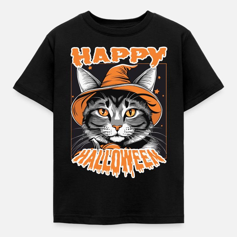 Halloween Cat with Witch Hat - Kids' T-Shirt - black