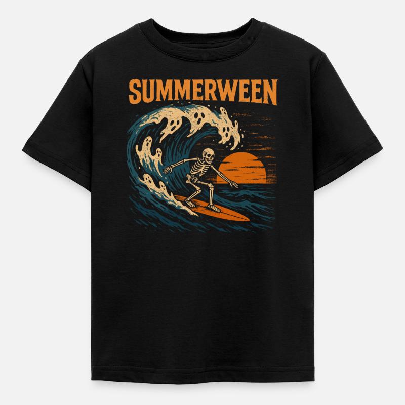 Summerween Surfing Skeleton - Halloween Design - Kinder T-Shirt - Schwarz