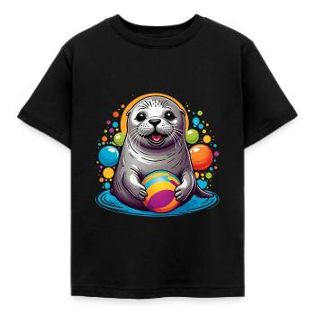 Lachender Seehund Robbe mit buntem Ball - Kinder T-Shirt - Schwarz - Vorne - AI Model Kid Female (0cm)