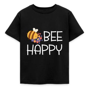 "Bee Happy" - weißer Schriftzug mit Biene - Kinder T-Shirt - Schwarz - Vorne - AI Model Kid Female (0cm)