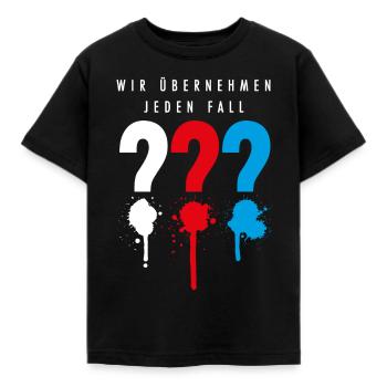 Die Drei ??? Wir übernehmen jeden Fall - Kinder T-Shirt - Schwarz - Vorne - AI Model Kid Female (0cm)