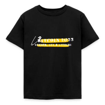 Bitcoin 2023 (Miami)- Summer, sun & Satoshi - Kids' T-Shirt - black - Front - AI Model Kid Female (0cm)