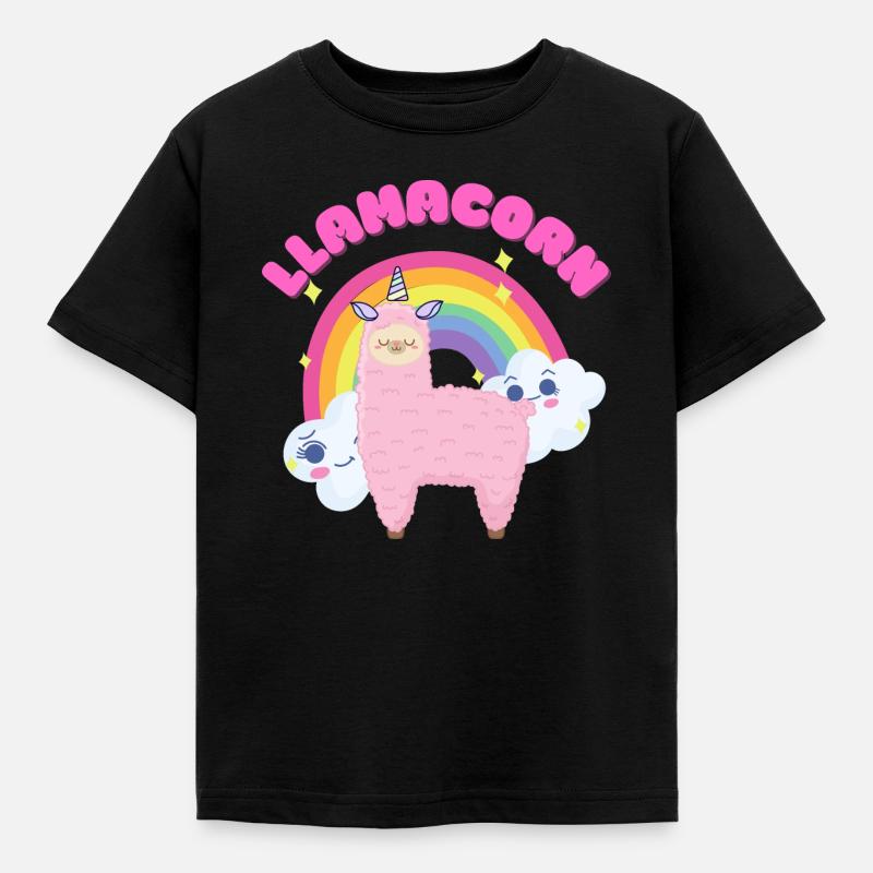 Whimsical Pink Llama with Rainbow - Kids' T-Shirt - black
