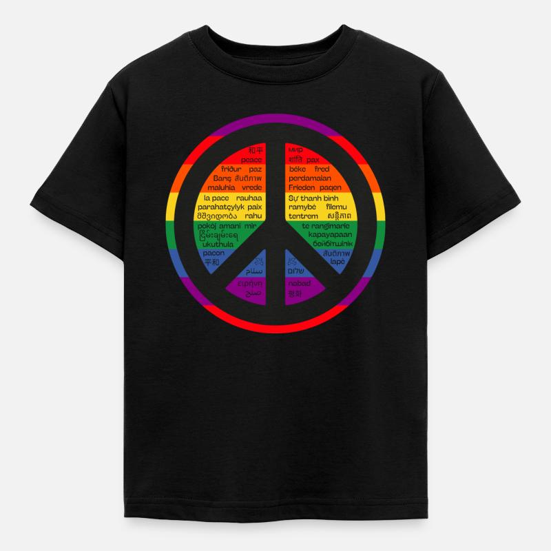 Arcobaleno segno di pace. Camera in molte lingue. - Maglietta per bambini - nero