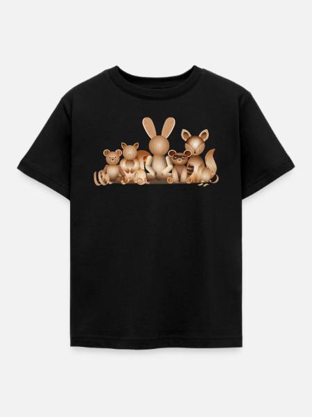 Waldtiere in Holzoptik - Kinder T-Shirt - Schwarz