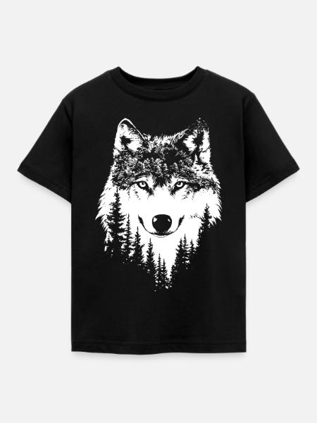 Wolf Gesicht Wald Natur in Schwarz-Weiß - Kinder T-Shirt - Schwarz