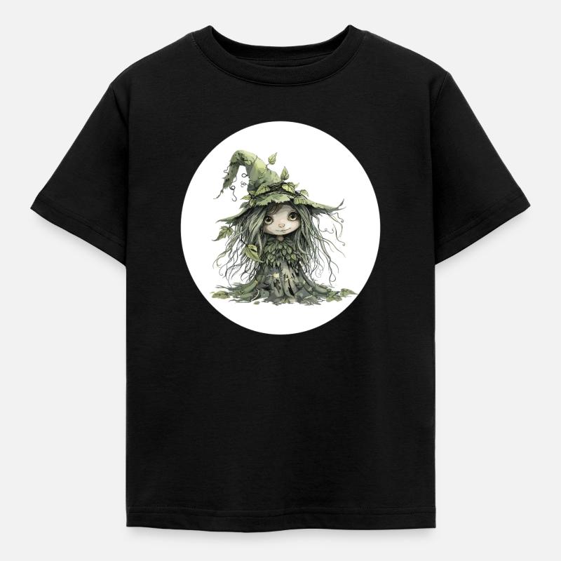 Waldfee Kobold im Blattwald - Kinder T-Shirt - Schwarz