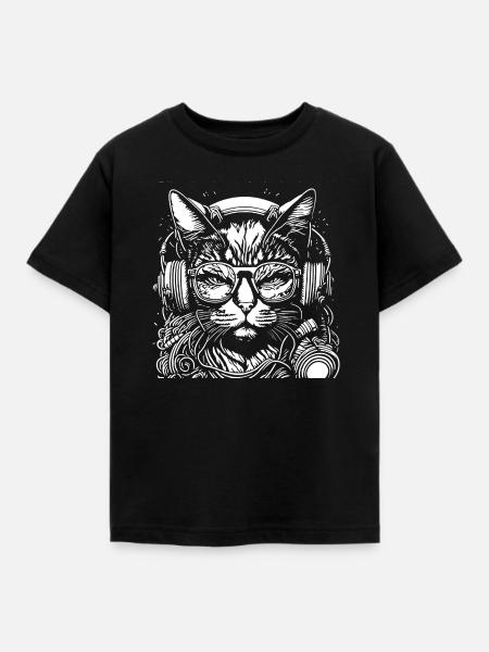 Katzen-DJ mit Kopfhörern und Brille - Kinder T-Shirt - Schwarz
