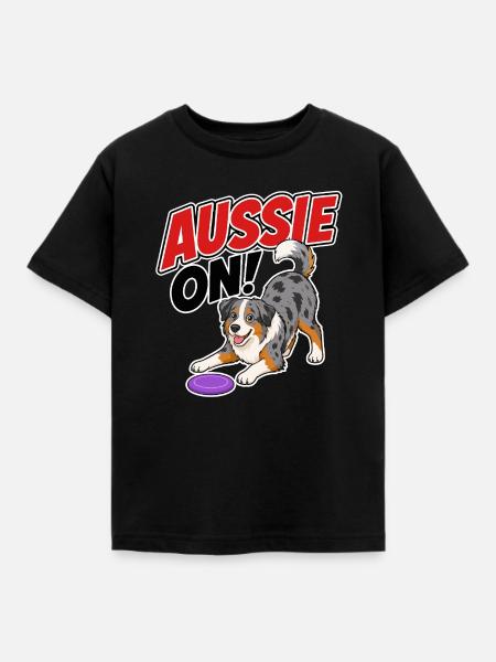 Aussie On! Verspielter Frisb-Hund - Kinder T-Shirt - Schwarz