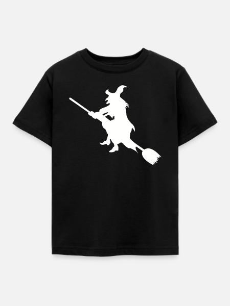 Hexe auf Besen Silhouette - Kinder T-Shirt - Schwarz