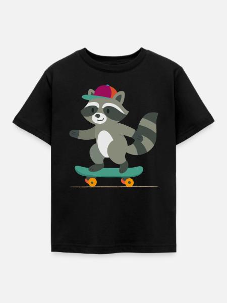 Skateboard-Waschbär mit Basecap - Kinder T-Shirt - Schwarz