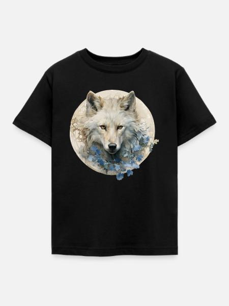 Weißer Wolf mit Art-déco-Blumen - Kinder T-Shirt - Schwarz