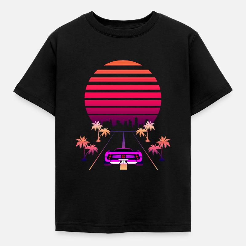 Synthwave Sunset und Retro 80s Sport Fast Car - Kinder T-Shirt - Schwarz