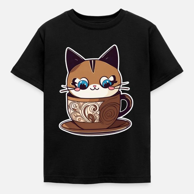Chat de café mignon - T-shirt Enfant - noir