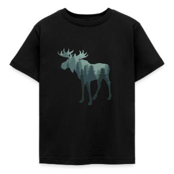 Elch - Silhouette mit grünem Wald / Tannen - Kinder T-Shirt - Schwarz - Vorne - AI Model Kid Female (0cm)