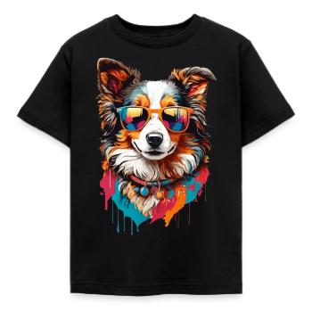Border Collie mit Sonnenbrille: Niedliche Eleganz - Kinder T-Shirt - Schwarz - Vorne - AI Model Kid Female (0cm)