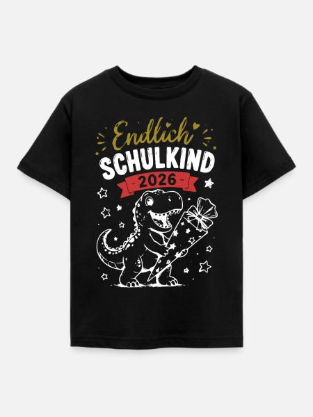 Endlich Schulkind 2026 Dino - Kinder T-Shirt - Schwarz