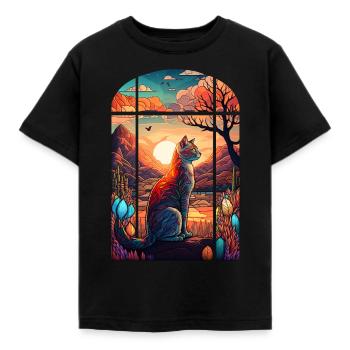 Cat looks out of church festival Cats Humor Funny - Kids' T-Shirt - black - Front - AI Model Kid Female (0cm)