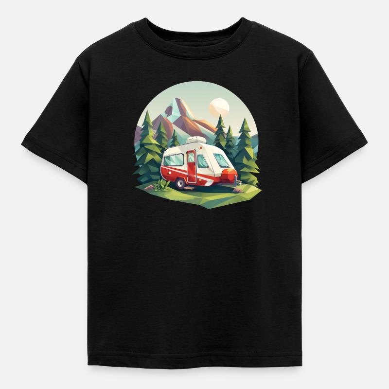 Oldschool Camping – Moderne i et Low Poly-look - Børne-T-shirt - sort