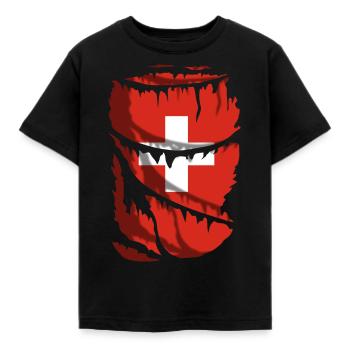 Flagge der Schweiz, zerrissener Stoffeffekt - Kinder T-Shirt - Schwarz - Vorne - AI Model Kid Female (0cm)