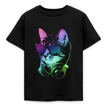 DJ Cat In Neon Lights - Kinder T-Shirt - Schwarz - Vorne - AI Model Kid Female (0cm)
