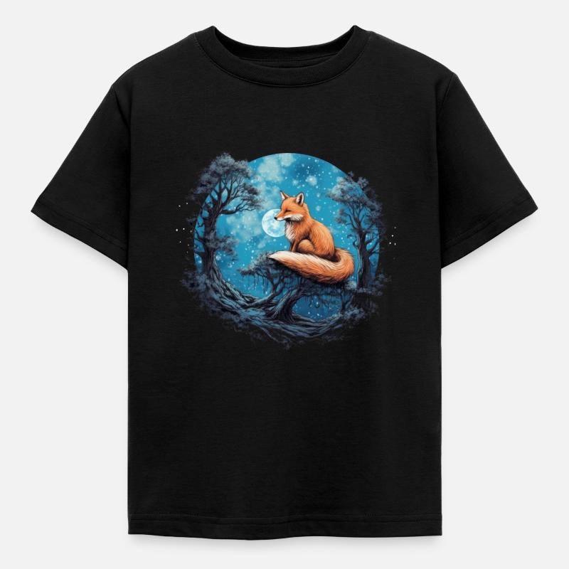 Fuchs Wald Mond Fabel Mythisch Märchen - Kinder T-Shirt - Schwarz