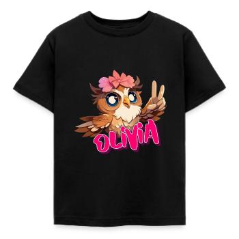 OLIVIA - Beautiful girl name with cute OWL - Kids' T-Shirt - black - Front - AI Model Kid Female (0cm)