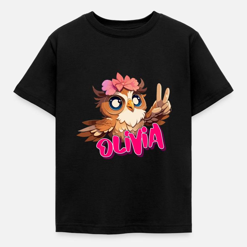 OLIVIA - Schöner Mädchen Name mit süßer EULE - Kinder T-Shirt - Schwarz