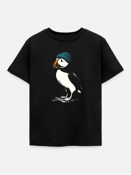 Puffin mit Mütze - Kinder T-Shirt - Schwarz