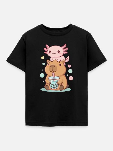 Kawaii Capybara mit Axolotl Bubble Tea - Kinder T-Shirt - Schwarz