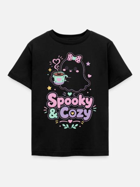 Spooky & Cozy Geist mit Kaffee - Kinder T-Shirt - Schwarz