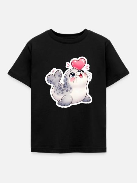 Herzige Robbe mit Ballonherz - Kinder T-Shirt - Schwarz