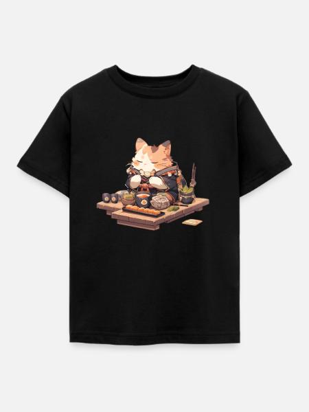 Samurai Cat eat Ramen - Kinder T-Shirt - Schwarz