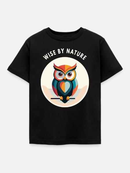 Wise by Nature – Eule mit Schriftzug - Kinder T-Shirt - Schwarz