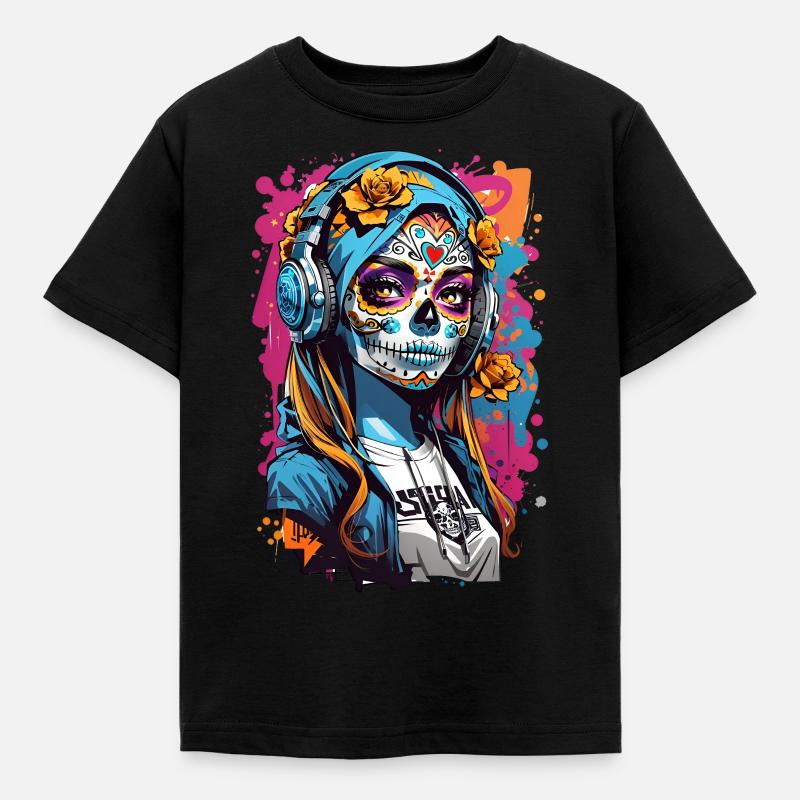 Fille crâne avec des écouteurs - T-shirt Enfant - noir