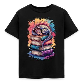 Sleeping dragon on stacks of books – pure fantasy - Kids' T-Shirt - black - Front - AI Model Kid Female (0cm)