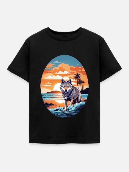 Wolf am Strand - Kinder T-Shirt - Schwarz