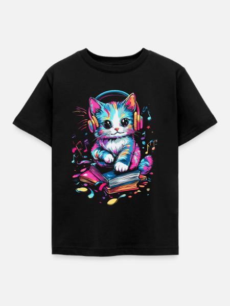 Cute cat with headphones and books - Kids' T-Shirt - black