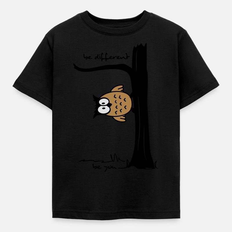 Eule auf Baum "be different, be you" - Kinder T-Shirt - Schwarz