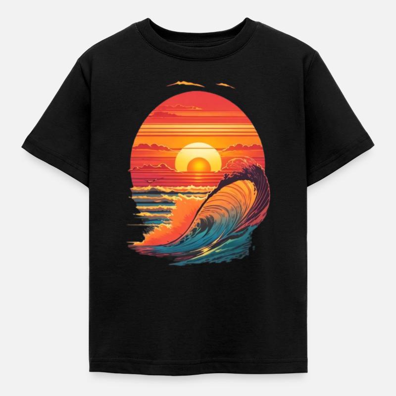 retro sunset and waves - Kids' T-Shirt - black