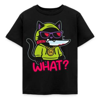 Schwarze Katze WAS? - Kinder T-Shirt - Schwarz - Vorne - AI Model Kid Female (0cm)