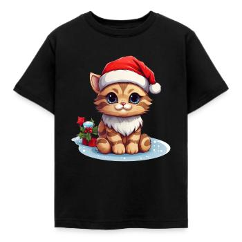 Weihnachtspfote: Niedliche Katze mit Mütze - Kinder T-Shirt - Schwarz - Vorne - AI Model Kid Female (0cm)