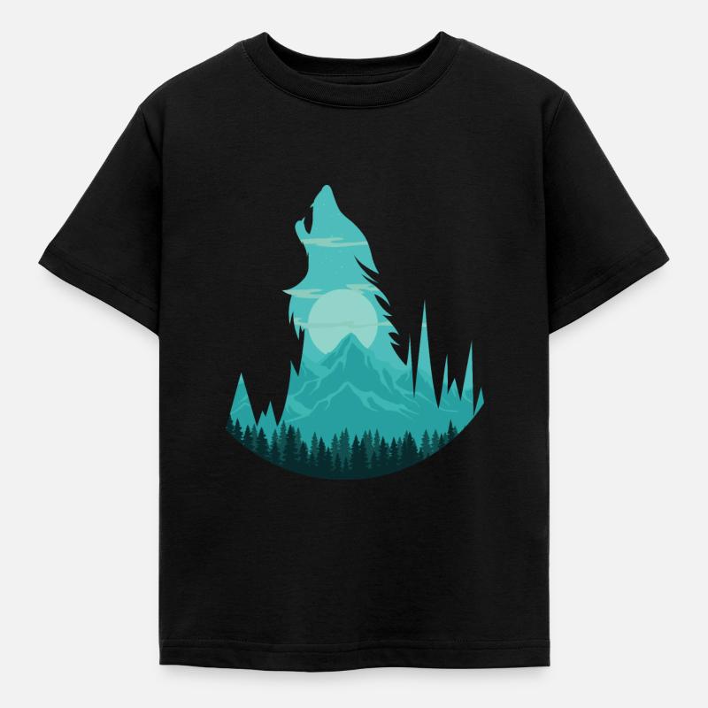 Heulender Wolf bei Vollmond | Rudel Mond Geschenk - Kinder T-Shirt - Schwarz