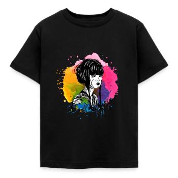 Hand drawn geisha with paint splatter - Kids' T-Shirt - black - Front - AI Model Kid Female (0cm)