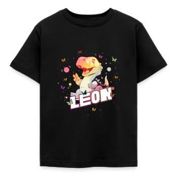 LEON - Schöner Junge Name mit süßem DINO T-REX - Kinder T-Shirt - Schwarz - Vorne - AI Model Kid Female (0cm)
